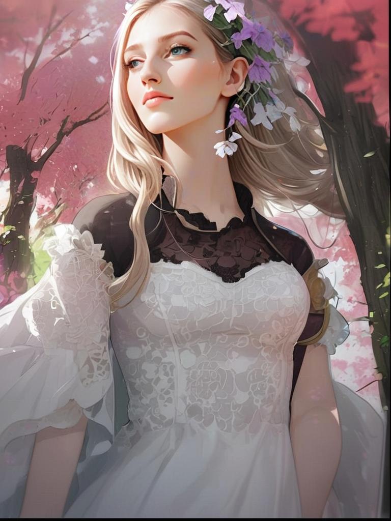Elegant Woman in White Lace Dress with Floral Crown in Digital Art Style
