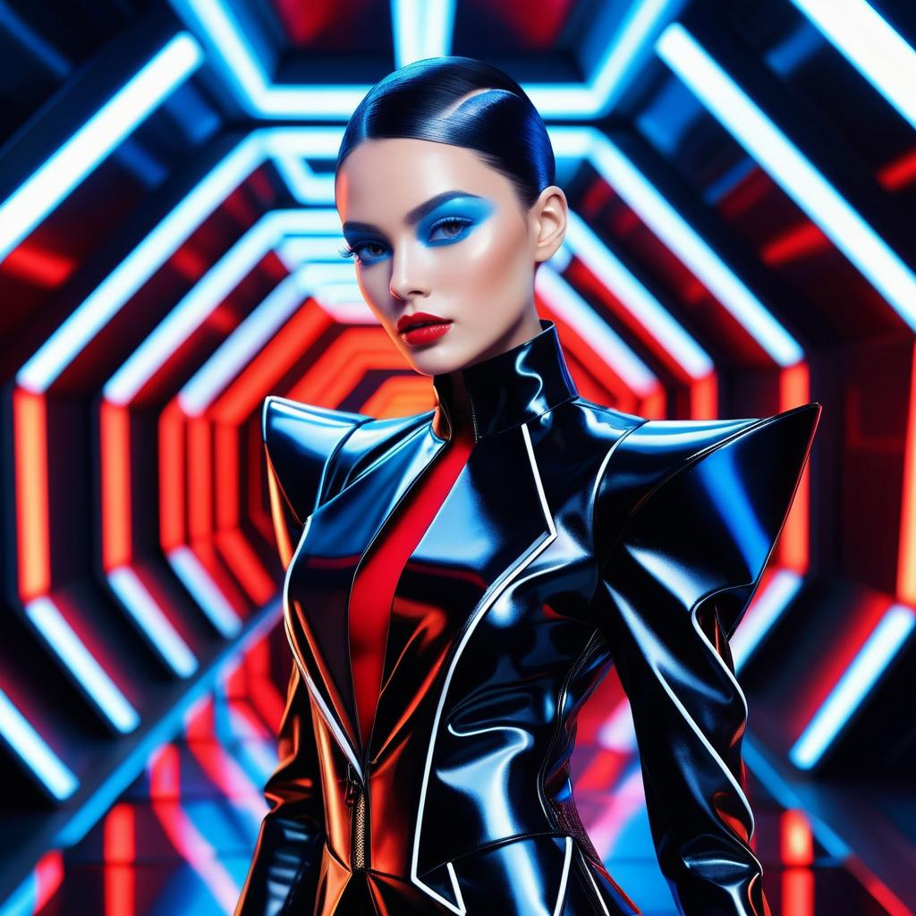 Stylish Woman in Futuristic Black Outfit in Neon Tunnel