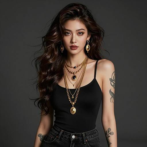 Gen Z Fashion Portrait of Woman Wearing Layered Gold Jewelry