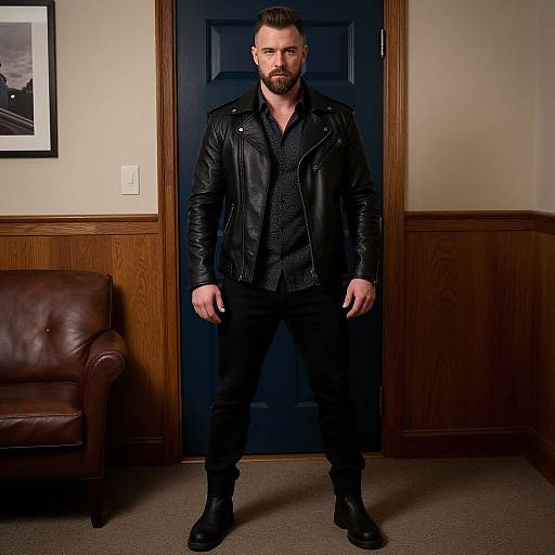 Stylish Man Wearing Black Leather Jacket Standing Indoors