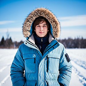 Young Man in Blue Winter Coat in Snowy Landscape