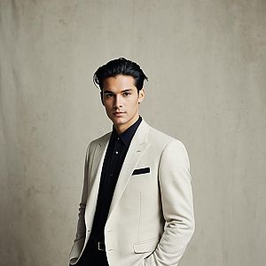 Stylish Young Man in Beige Suit Jacket and Black Shirt Portrait