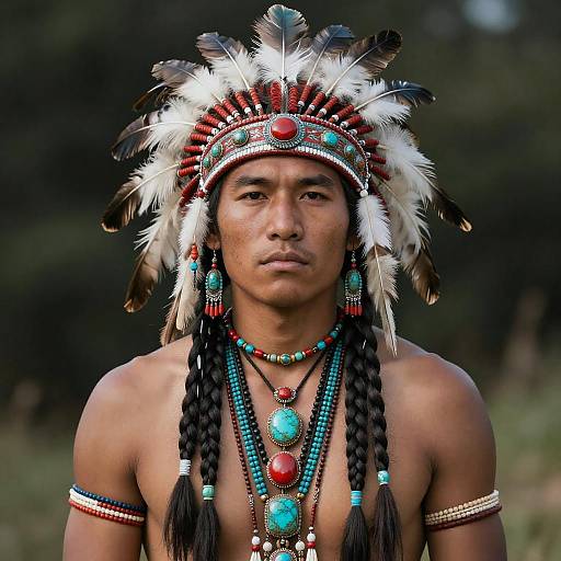 Indigenous Man Wearing Traditional Feathered Headdress and Beaded Jewelry