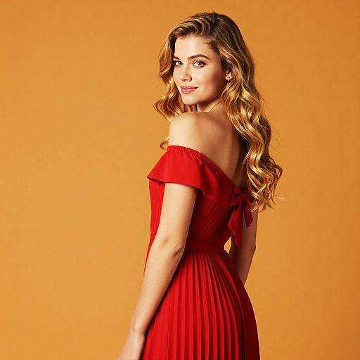 Confident Young Woman in Elegant Red Off-Shoulder Dress with Wavy Blonde Hair