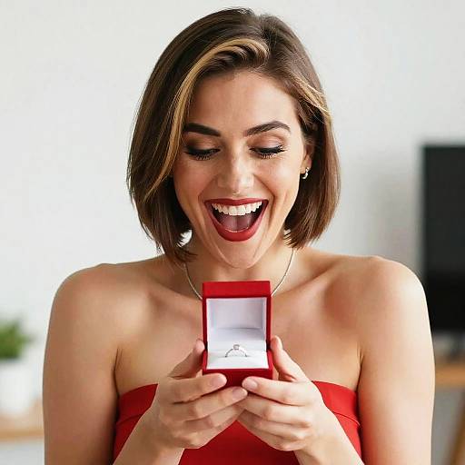 Excited Young Woman Holding Engagement Ring in Red Box