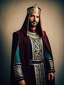 Man Cosplay Wearing Melchior Mayvin Costume Realistic Photo