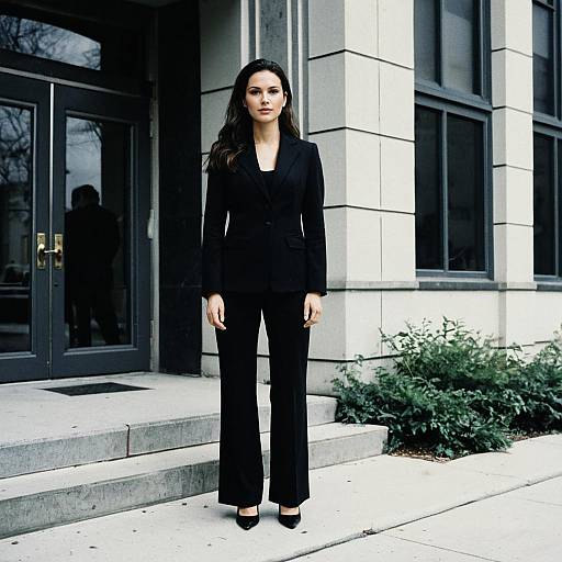 Woman in Black Pant Suit Formal Funeral Attire Outside Building
