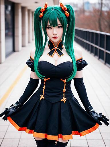 Ai-chan Cosplay from Honkai Impact with Green Twin Tails and Black Orange Dress
