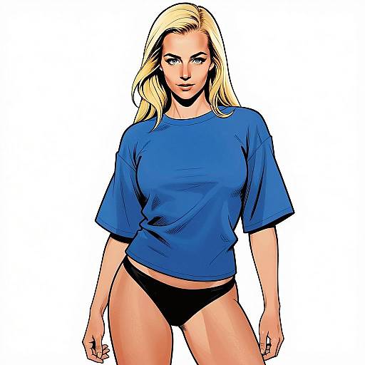 Digital Illustration of Confident Young Woman in Blue T-Shirt