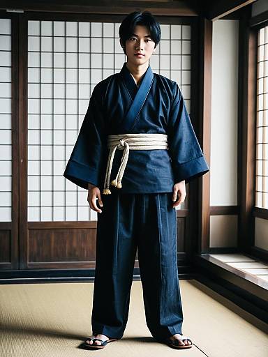 Young Korean Man in Traditional Midari Costume with Shoji Screens Indoors