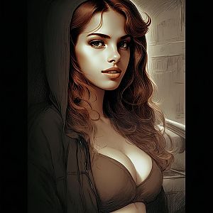 Semi-Realistic Digital Portrait of Woman with Hood and Wavy Hair