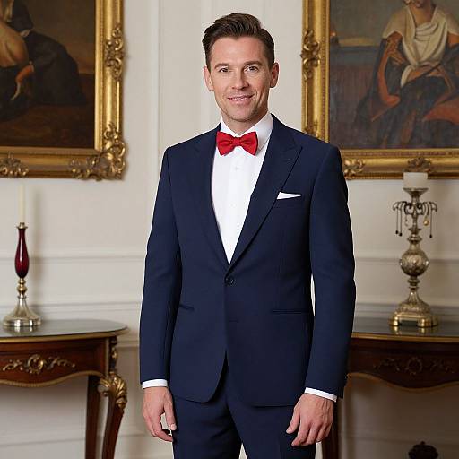 Man in Navy Blue Suit and Red Bow Tie in Elegant Interior