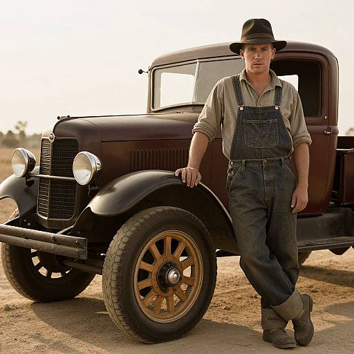 Vintage Ford Pickup Truck with Man in Denim Overalls and Hat
