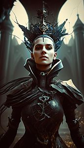 Regal Woman in Dark Armor with Headdress