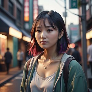 Young Woman with Purple Highlights on Urban Street at Twilight