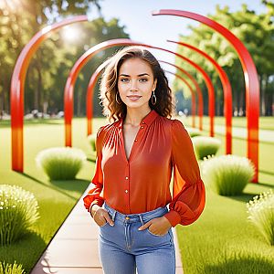Confident Woman in Green Park with Red Arches