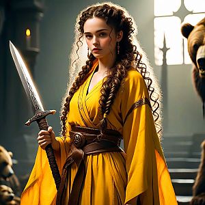 Young Woman in Yellow Robe with Sword