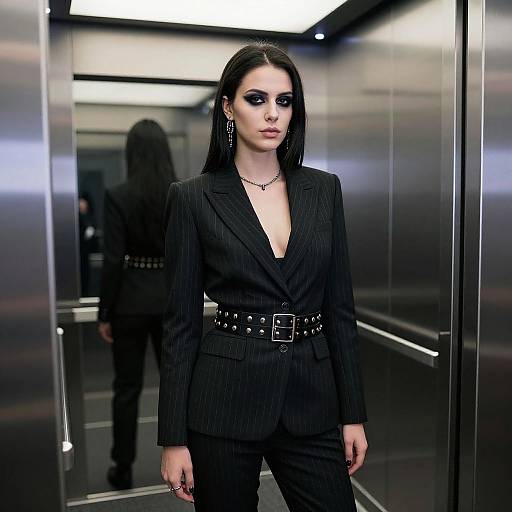 Confident Woman in Black Pinstripe Suit with Edgy Studded Belt in Elevator