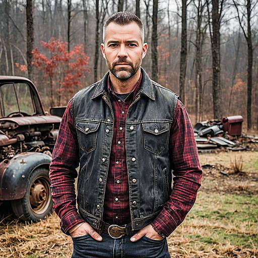 Rugged Man in Leather Vest Standing Near Old Rusty Truck in Forest