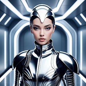 Futuristic Woman in Silver Armor in High-Tech Corridor