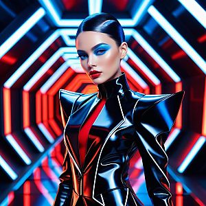 Stylish Woman in Futuristic Black Outfit in Neon Tunnel