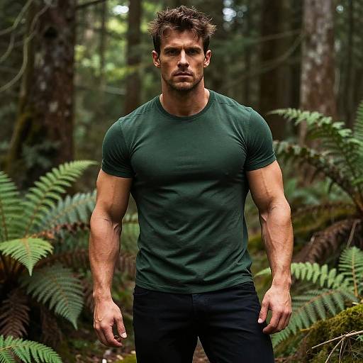 Muscular Man in Green T-Shirt Posing in Forest Outdoors