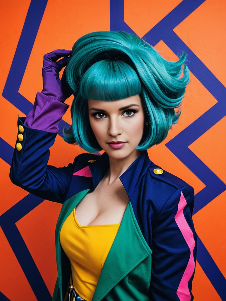 Retro Futuristic Woman with Teal Hair and Colorful Outfit Against Orange Geometric Background