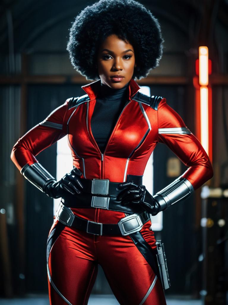 Man in Realistic Misty Knight Cosplay Costume in Red and Black
