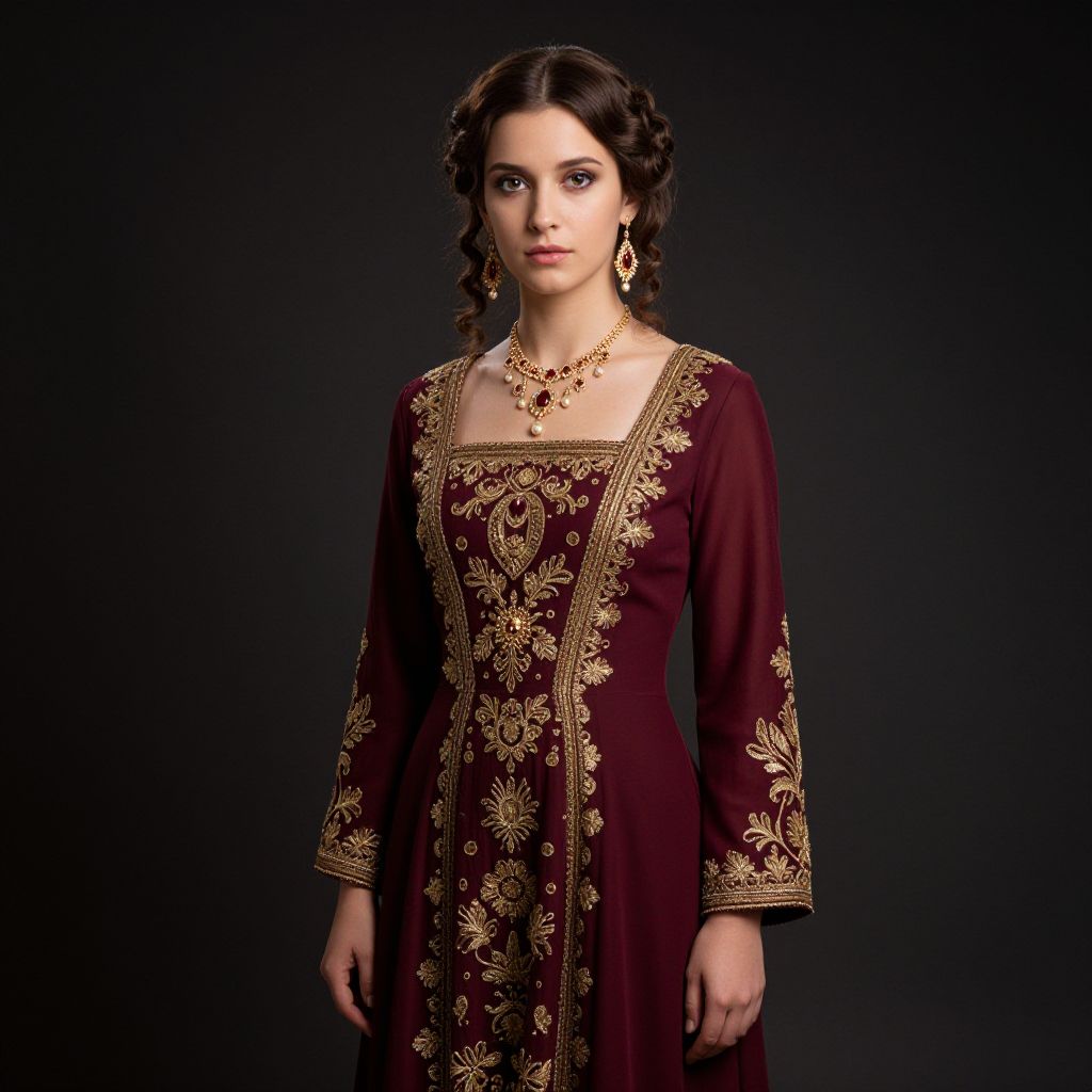 Elegant Woman in Burgundy Renaissance Inspired Gown with Gold Embroidery