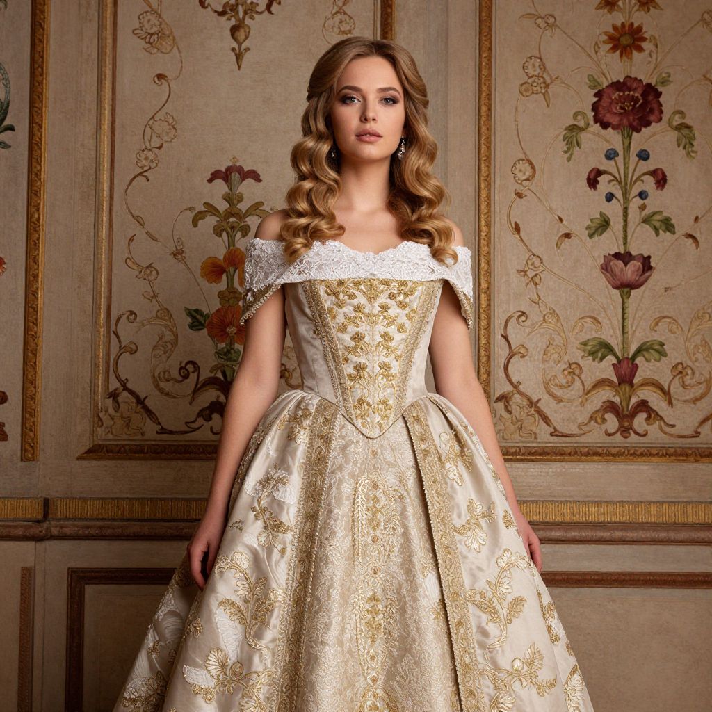 Elegant Woman in Gold Embroidered Off-Shoulder Ball Gown in Vintage Setting