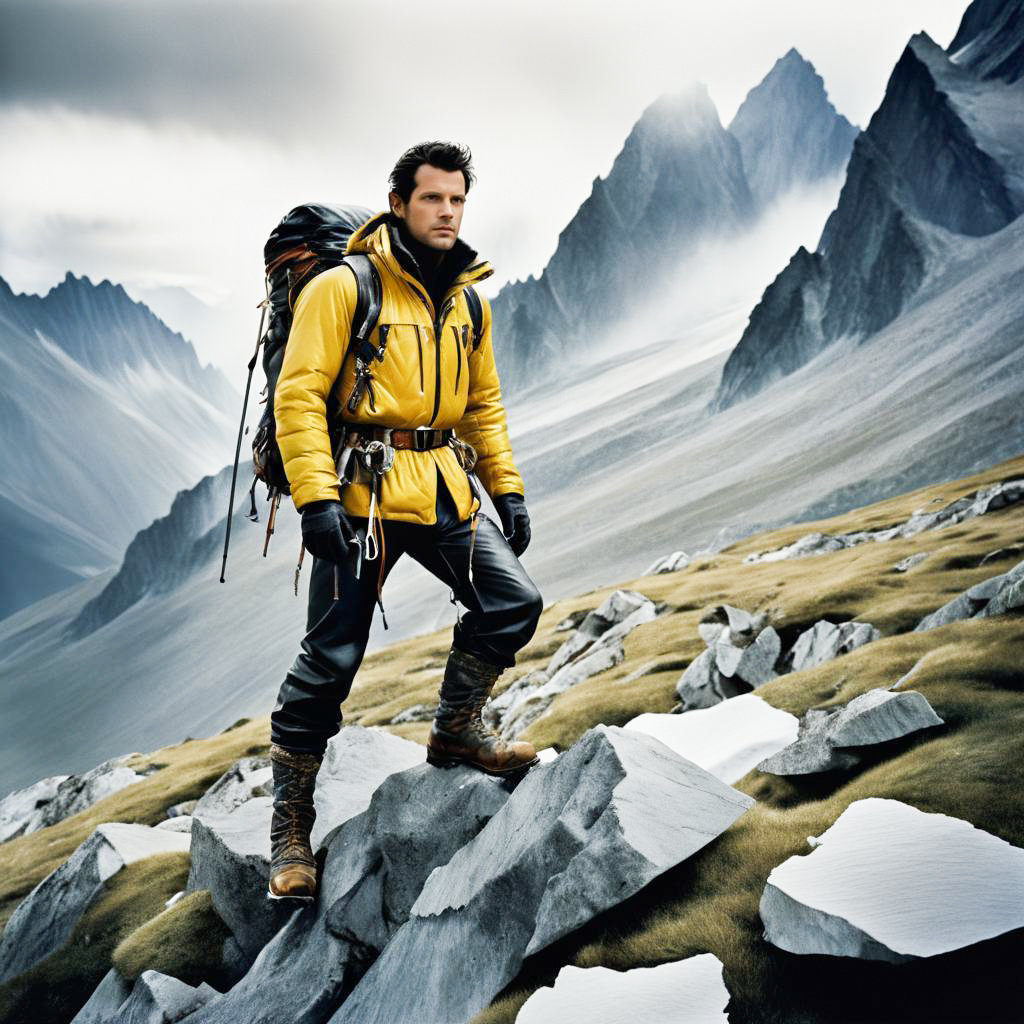 Rugged Man in Yellow Jacket on Rocky Outcrop