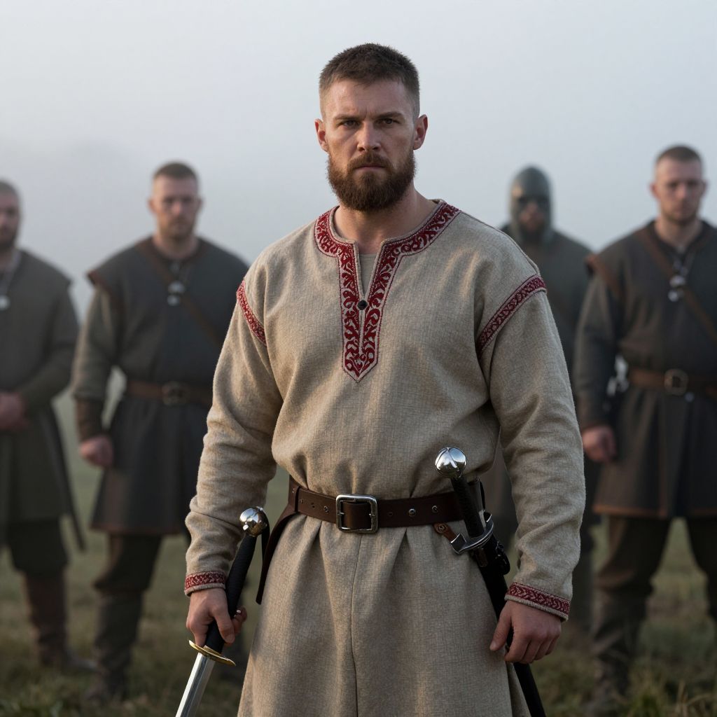 Medieval Viking Warrior with Sword and Crew in Traditional Attire