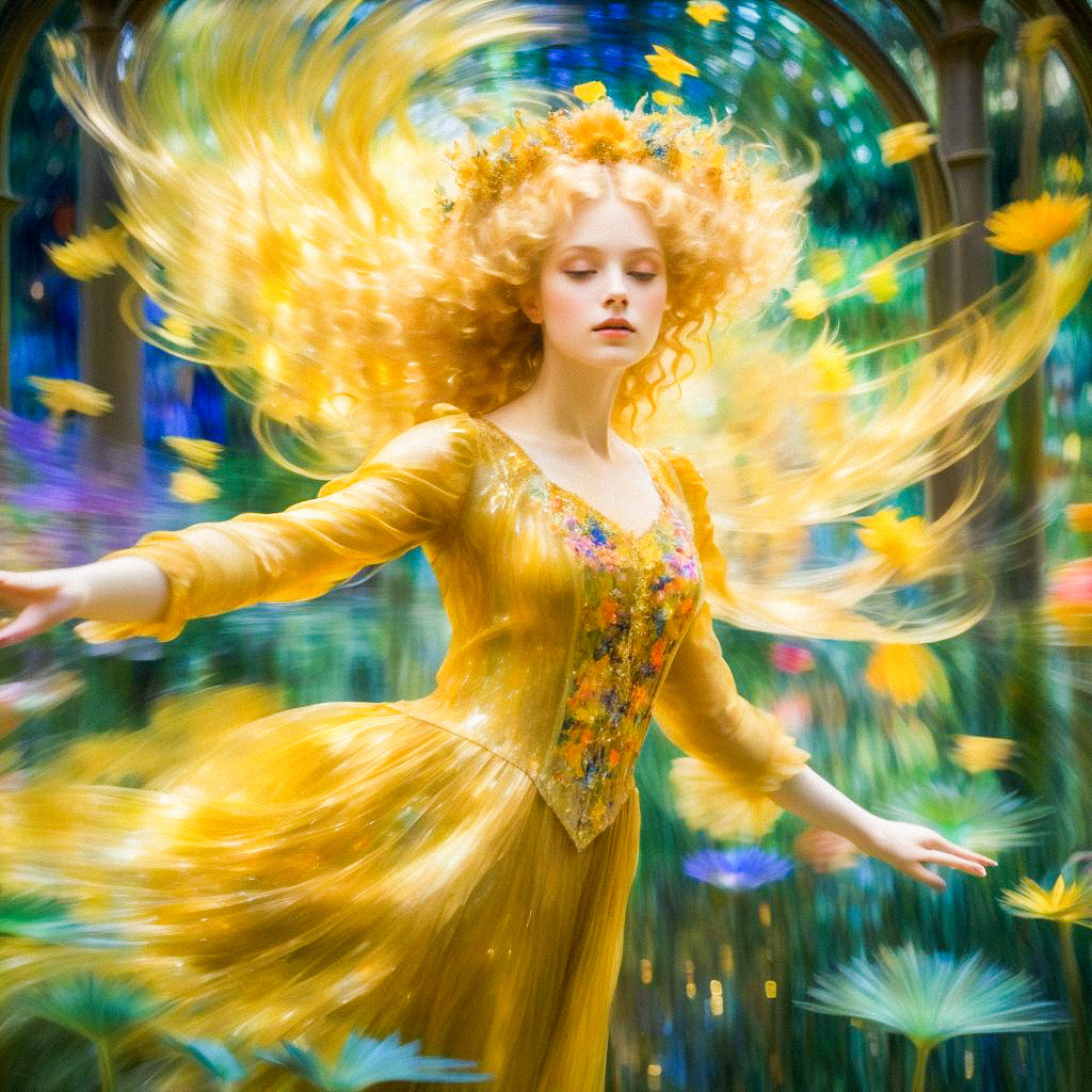 Woman in Yellow Gown Twirling in Flower Field