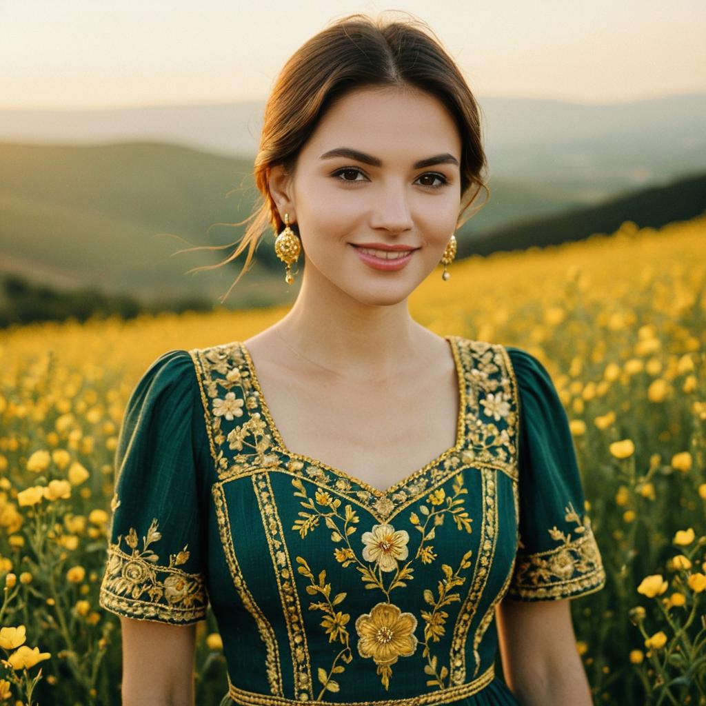 Young Woman in Traditional Embroidered Dress Standing in Yellow Flower Field