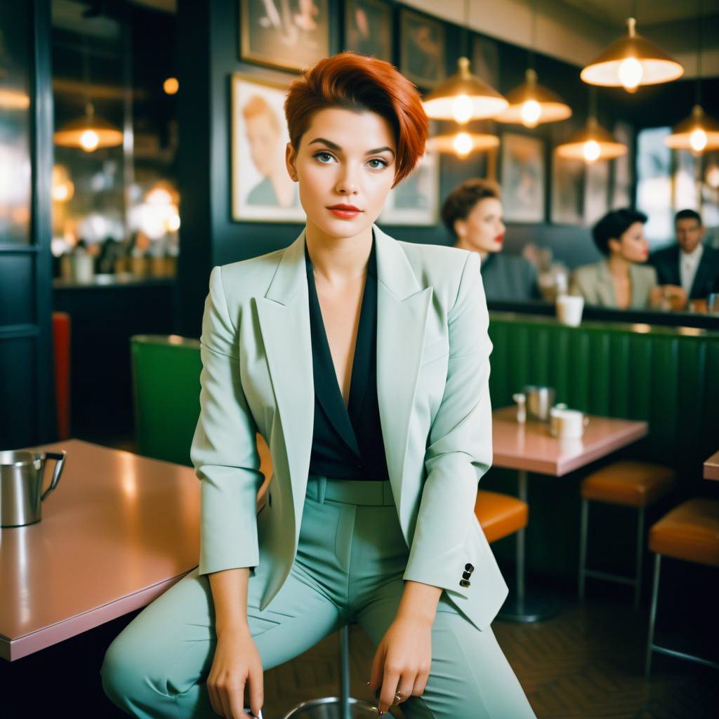 Stylish Woman in Mint Green Suit at Retro Diner