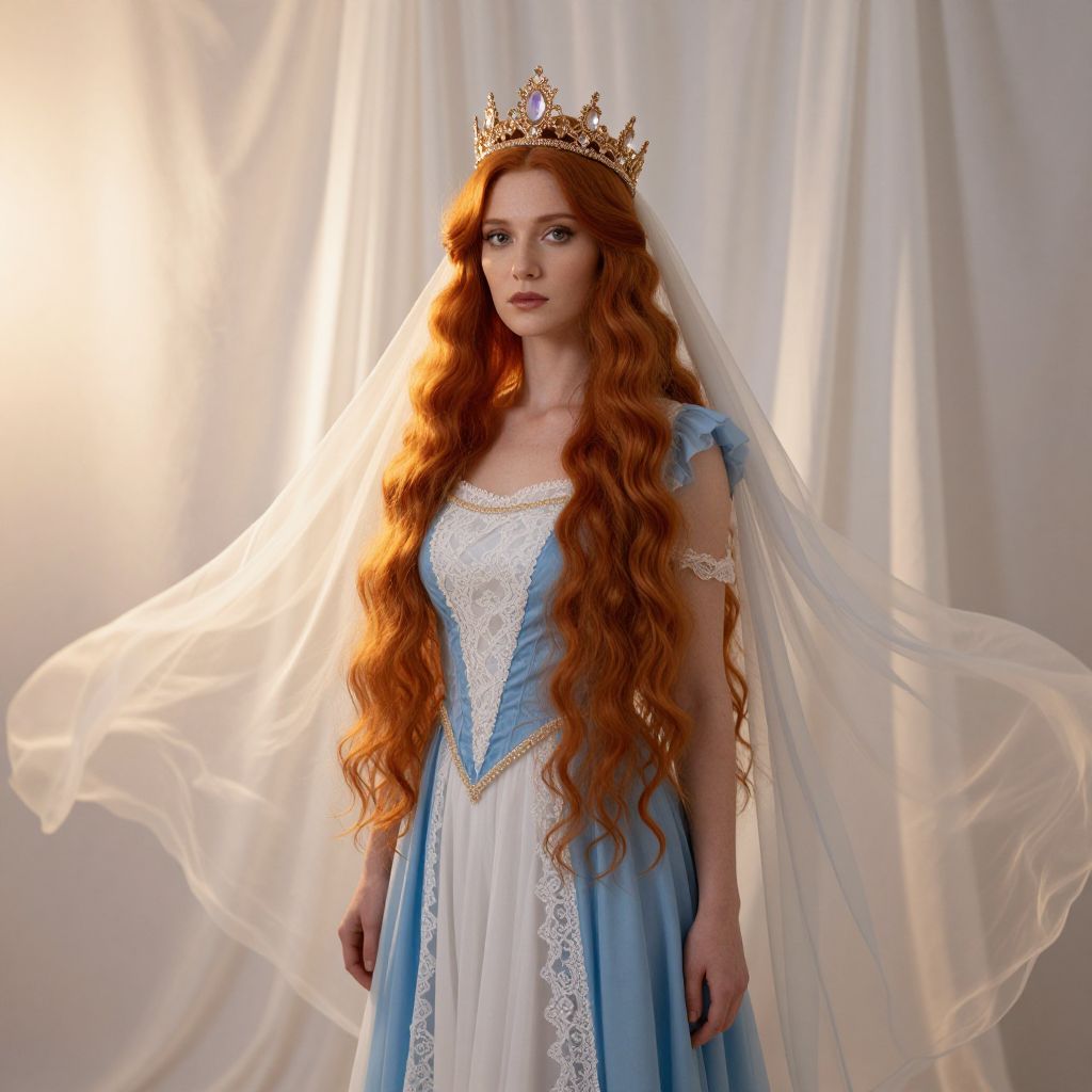 Regal Woman in Blue and White Lace Dress with Golden Crown