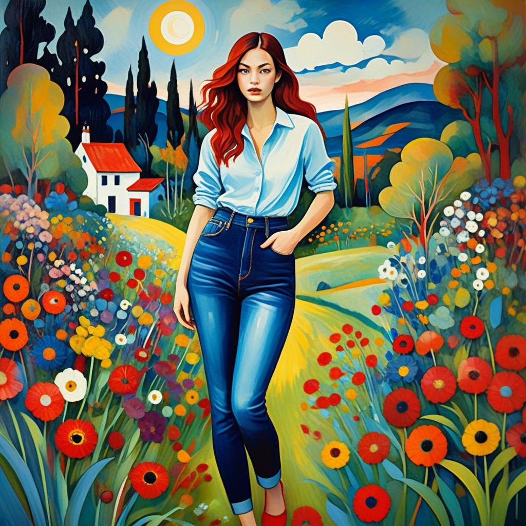 Woman in Flower Field with Red Hair