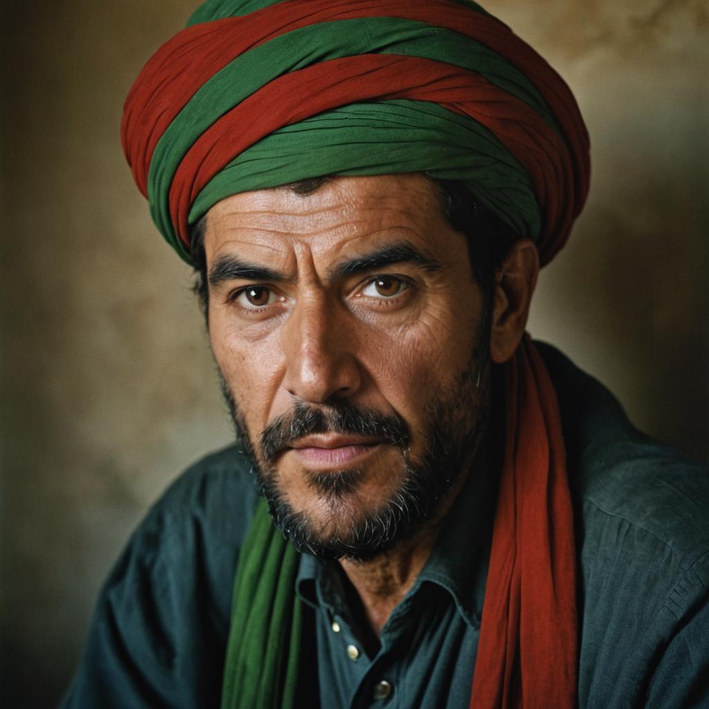 Portrait of Afghan Man with Green Eyes and Red Turban