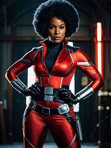 Man in Realistic Misty Knight Cosplay Costume in Red and Black