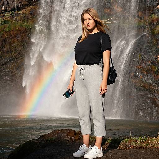 Young Woman Standing by Waterfall with Rainbow in Casual Outfit