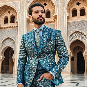 Elegant Man in Blue Suit with Traditional Architecture