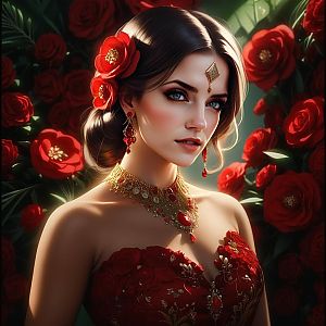 Elegant Woman in Red Gown with Gold Jewelry and Roses