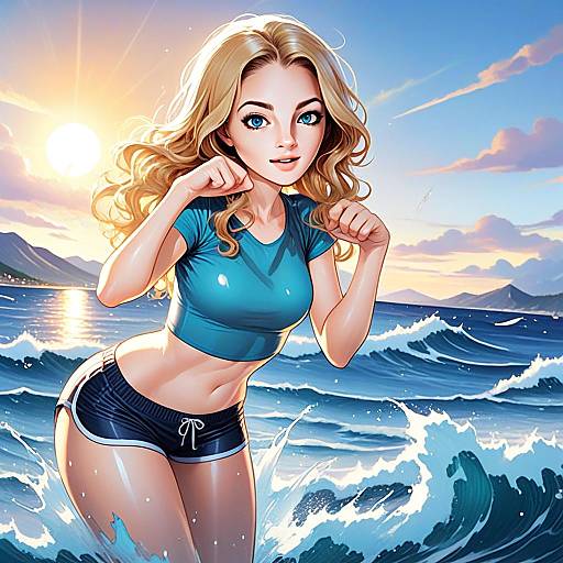 Vibrant Anime Style Young Woman in Ocean Waves at Sunset