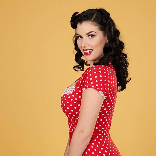 Retro Woman in Red Polka Dot Dress with Vintage Hairstyle