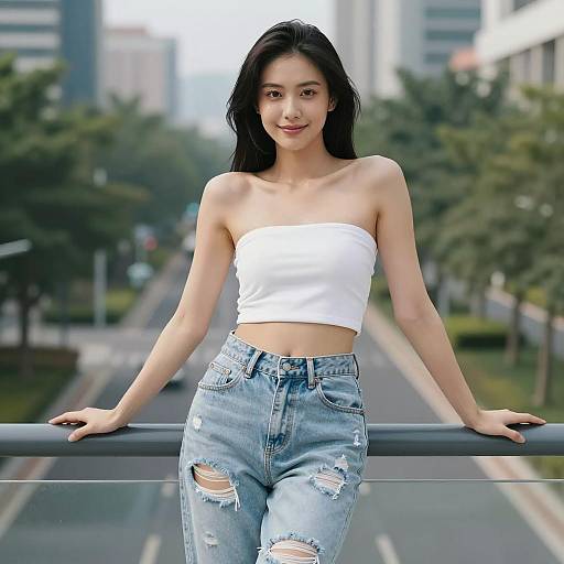 Young Woman in Casual Urban Style with Ripped Jeans and Tube Top
