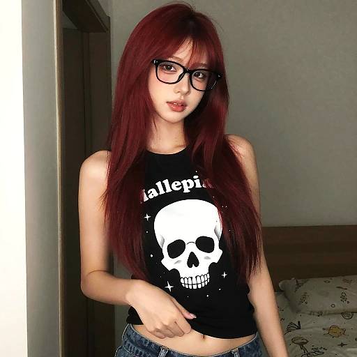 Young Woman with Red Hair Wearing Skull Graphic Top and Glasses Indoors