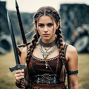 Fierce Woman in Celtic Costume with Sword