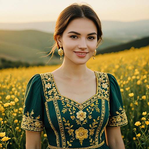 Young Woman in Traditional Embroidered Dress Standing in Yellow Flower Field