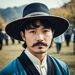Man in Traditional Korean Costume with Wide-Brimmed Hat