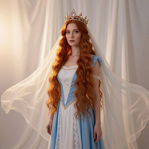 Regal Woman in Blue and White Lace Dress with Golden Crown